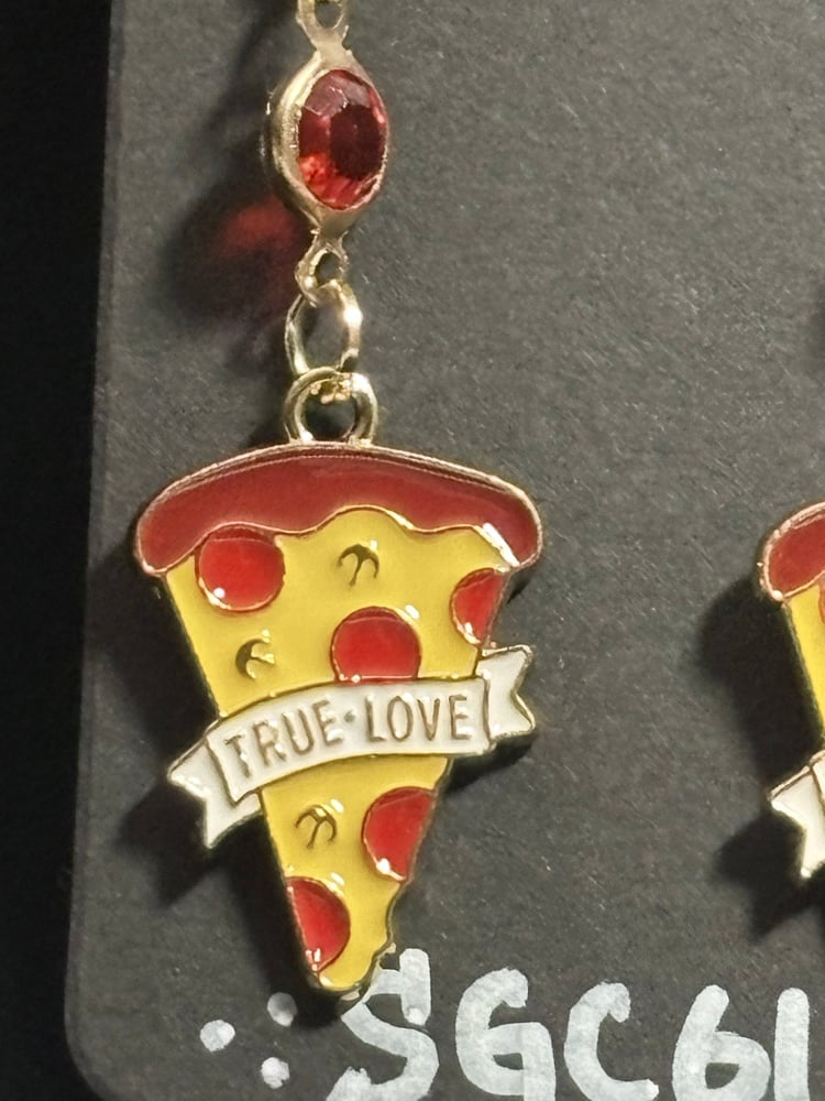 Image of Pizza Slice handmade dangle Earrings with Red Accents