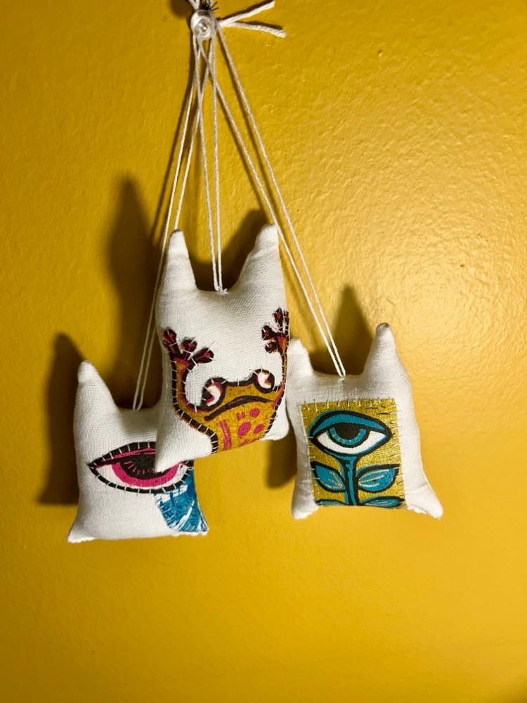 Set of 3 Handprinted/sewn ornaments
