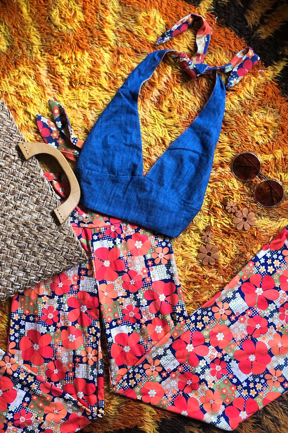 Reversible Denim Heartbreaker halter with print lining