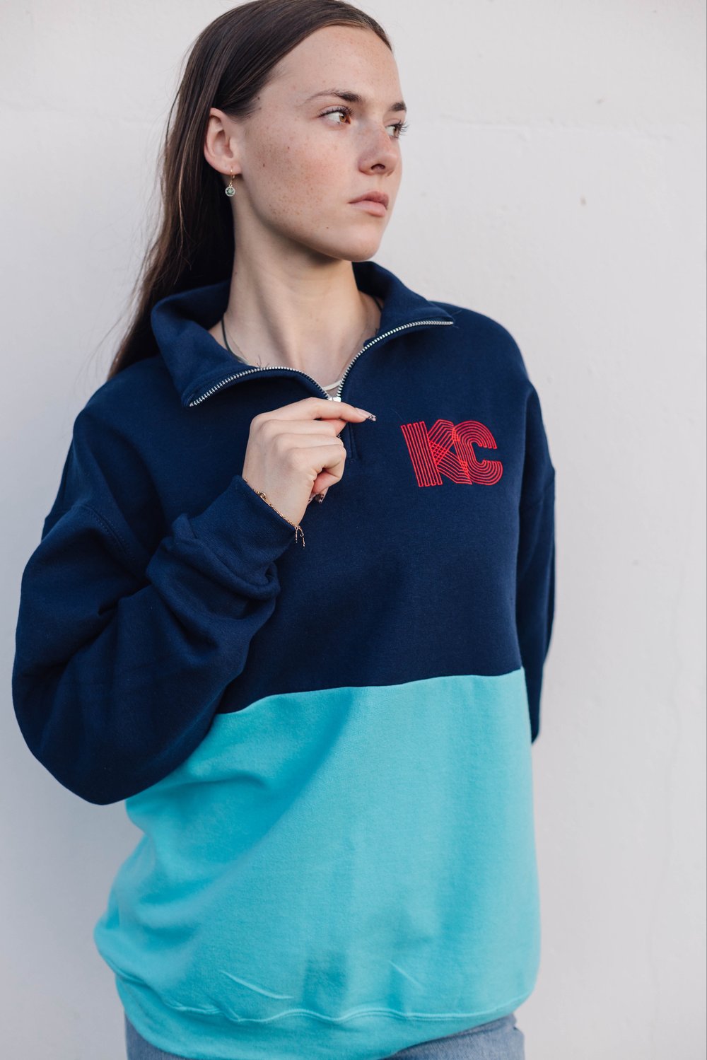 Image of KC's MAKING GROOVES TEAL/NAVY/RED QUARTER-ZIP SWEATSHIRT 