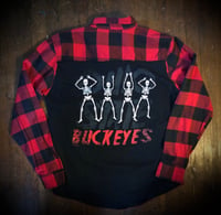 Upcycled “Ohio State Buckeyes/Skeletons” t-shirt flannel
