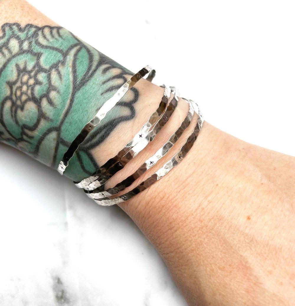 Sterling Silver Handmade Hammered Stacking Star Bangles Five 925
