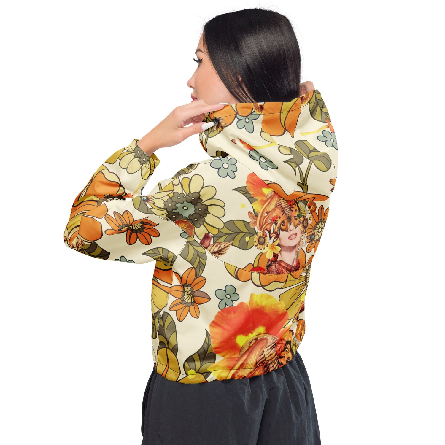 Image of She Oozes Success Vintage Botanic - Women’s Cropped Windbreaker w/Black Cord and Zipper 