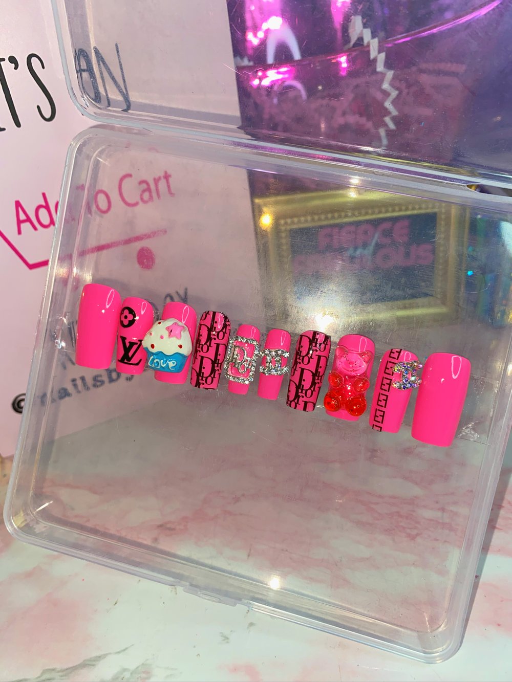 Image of Pink Designer Bling Kawaii Square Nail Set