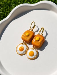 Image 1 of Toast & Egg Dangle Earrings | Handmade Polymer Clay Earrings | 18k Gold Plated