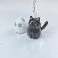 Image 1 of Black Kitty Cat With Ghost Mask Ceramic Figurine (tiny hole for flower)