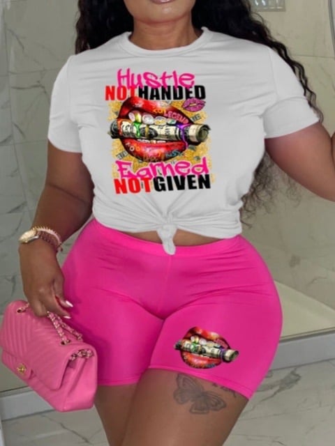 Image of Plus Size Money Letter Lip Print Shorts Set