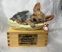 Image 1 of Custom Engraved Yorkie Urn Yorkshire Terrier In Bed Pet Portrait Handmade