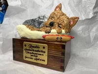 Image 5 of Custom Engraved Yorkie Urn Yorkshire Terrier In Bed Pet Portrait Handmade