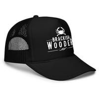 Image 1 of Brackish Wooder Foam Trucker Hat – White Logo with Chesapeake Blue Crab | Snapback Mesh Cap
