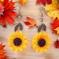 Image 3 of Vintage Alloy Plated Sunflower Shaped Hanging Earrings
