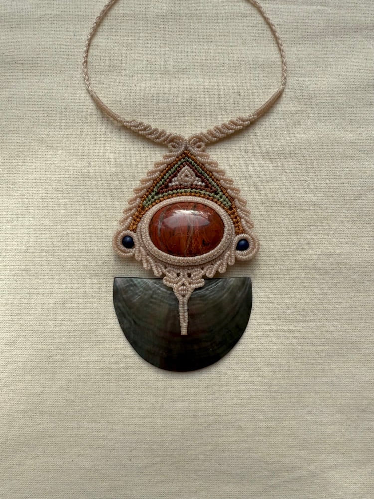 Image of Macrame necklace with brecciate stone and mother of shell pearl 