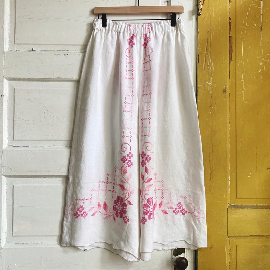 Image of Pink Floral Cross-Stitch Tablecloth Granny Pants