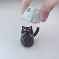 Image 3 of Black Kitty With Ghost Mask Ceramic Figurine (tiny Hole For Flower)