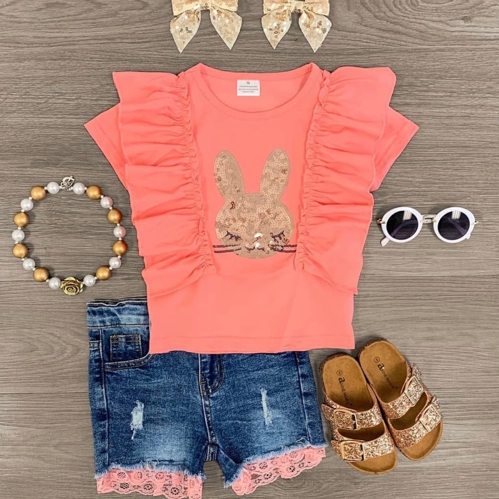 Sequins Bunny + Denim Shorts Set