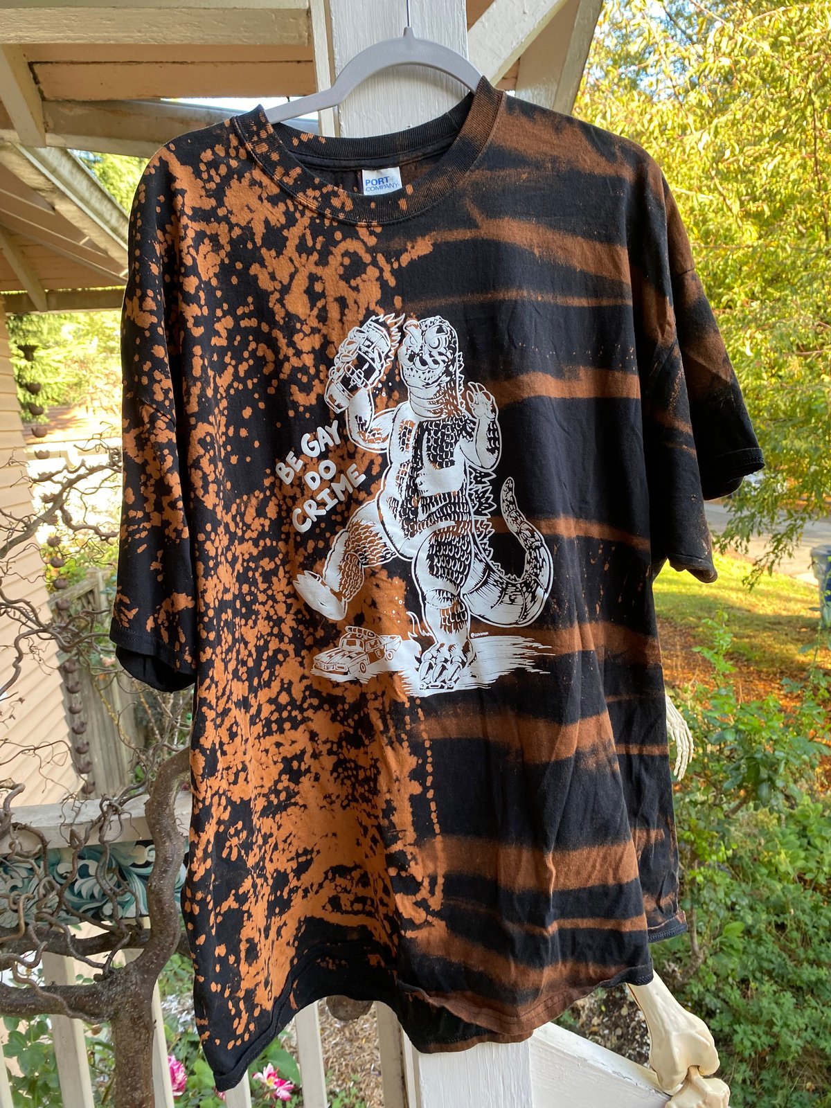 Image of 3XL Godzilla Be Gay Do Crime Bleach Dye Shirt 1