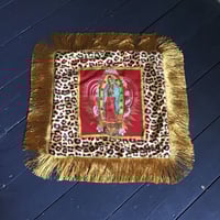Image 11 of Leopard print fabric and red virgin of Guadalupe cushion cover with gold fringe or black fringe