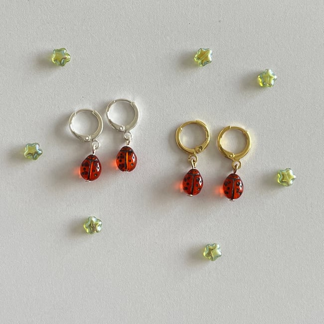 glass dotted ladybug huggie hoop earrings