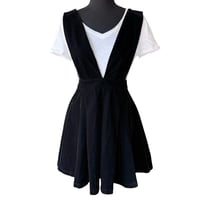 Image 1 of Black Velvet A Line Mini Pinafore Dress with Deep V Neckline and Zipper Accent - XXS