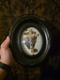 Image 6 of 2way- Black oval frame - bubble glass with preserved web, 1800s Bible page and crucifix 