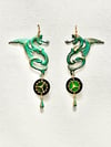 Brass Dragon And QEII Earrings In Green