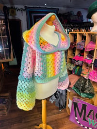Image 3 of WHIMSY - Hooded crop top jumper flared bell sleeve - handmade crochet - acrylic - pastel rainbow
