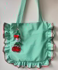 Image 1 of Ruffle Tote Charm Bag Gingham and Cherries