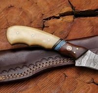 Image 5 of 13" Handmade Damascus Steel Fillet Knife with Bone Handle & Leather Sheath