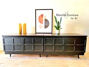 Image of Custom Order: Extra Long Nathan Sideboard in Green Smoke on wooden tapered legs.