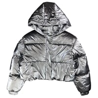 Image 1 of Zara Wind Protection Cropped Silver Puffer Jacket (Women’s M)
