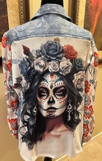 Image 1 of Vintage Funky Blue Denim Floral Print Shirt Floral Print Sleeves Sugar Skull Girl