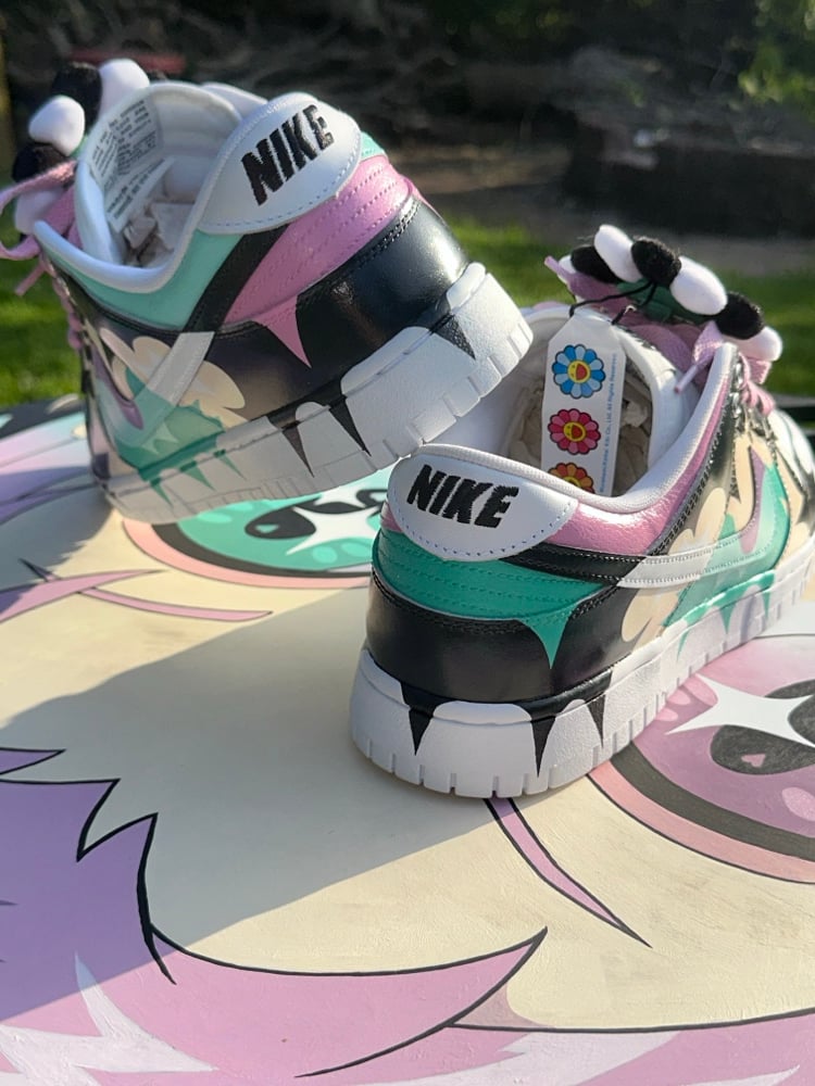 Image of Pink Acid Handpanited Nike Dunk w/ Custom Murakami Flower. 1 of 1. Made by @tylr.iii