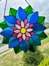 Image 1 of Large Stained-Glass Flower Mandala - Blue & Pink Layered Flower Window Hanging 