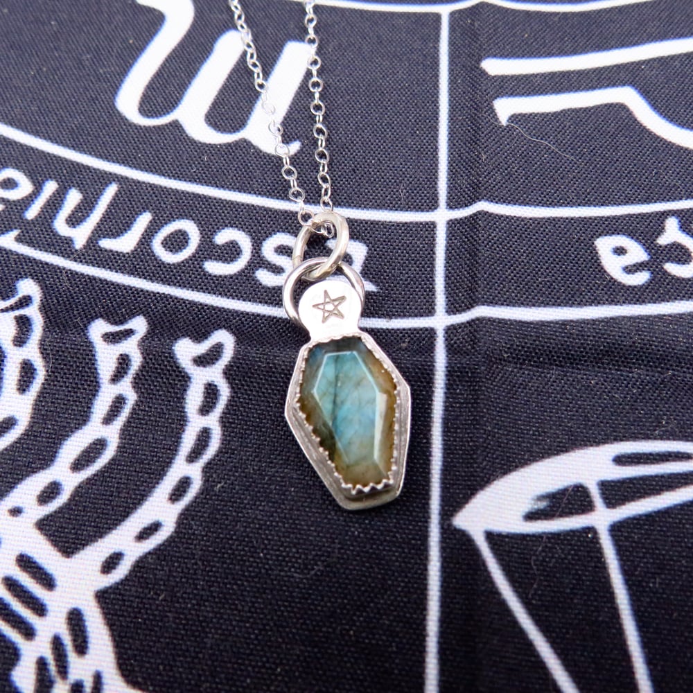 Eternal Rest Labradorite Coffin Pendant Sterling Silver - Pentagram