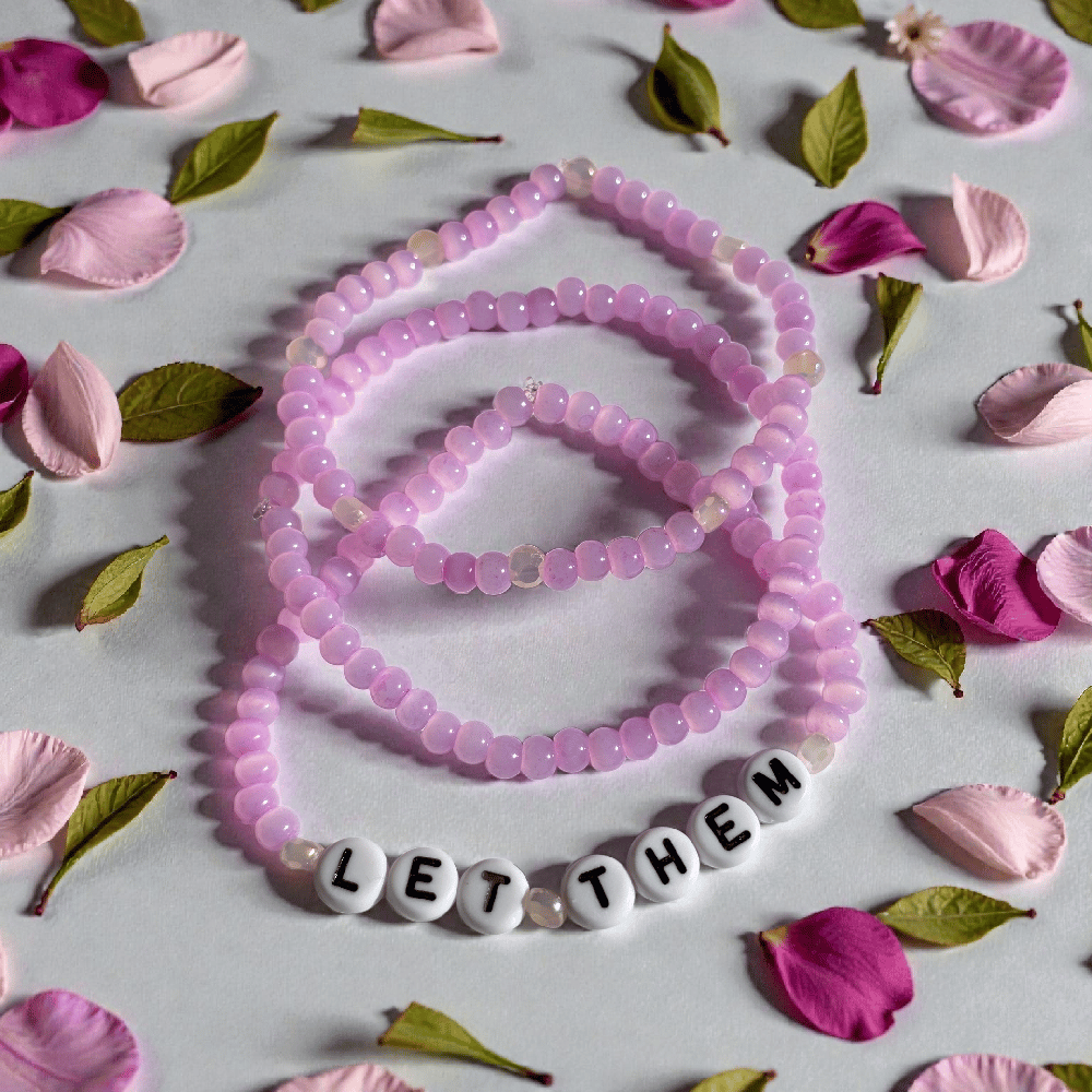 Image of "Let Them" Lavender Glass Cat Eye Beaded Bracelet Set 7.5" Stretch Stack