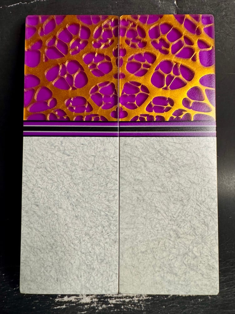 Image of @Kaoticartworks Resin & White Glass Micarta GLOW Segmented Knife Scales