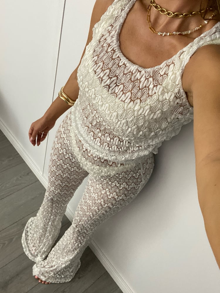 Image of Crochet Lace Flares & Ruch Vest Set In White & Silver 