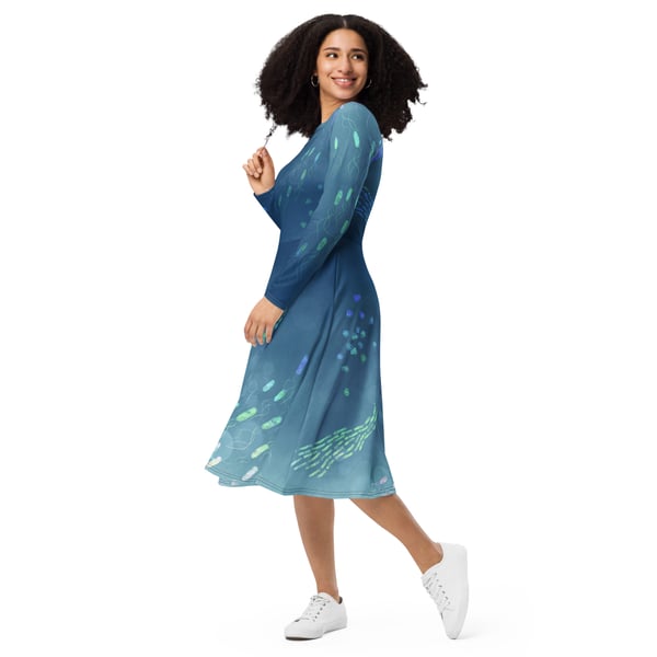 Image of Blue microbes long sleeve midi dress