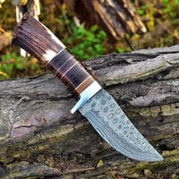 Image 2 of 9" Handmade Damascus Steel Skinner & Hunting Knife with Elk Antler Handle and Cowhide Leather Sheath