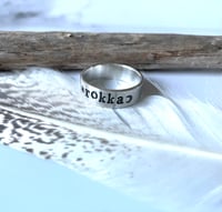 Image 3 of Personalised silver name ring with star and moon. Celestial silver 925 stamped word ring.