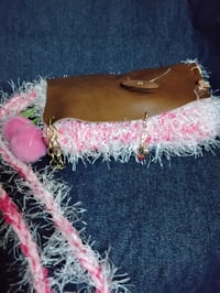 Image 4 of Brown leather crossbody bag with crocheted front 