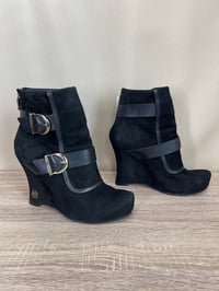 Image 2 of House Of Harlow black suede gold buckle wedge booties