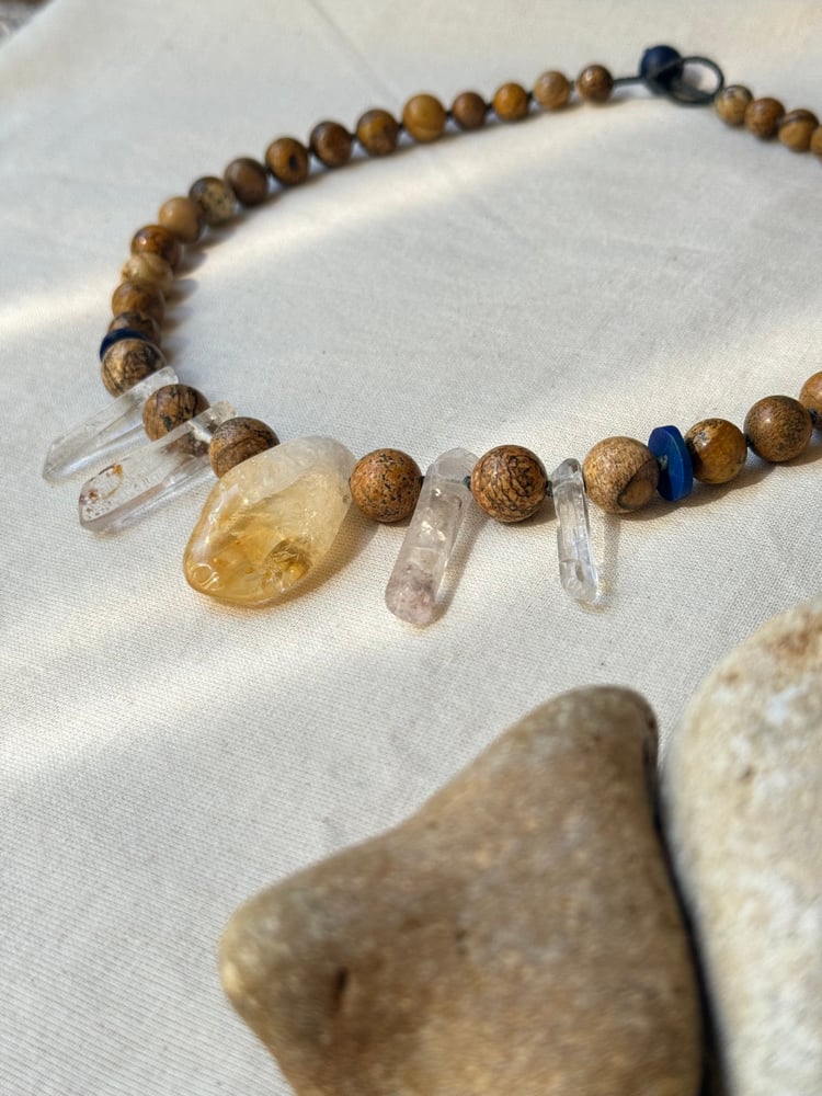 Image of Necklace with citrine, clear quartz, lapis lazuli disc and picture jasper beads