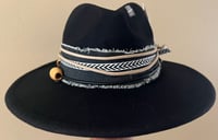 Image 1 of Black Fedora Hat Layered Print and Feather Band