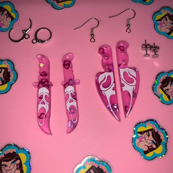 Image of Horror Movie Pink Holo Heart Earrings