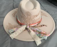 Image 3 of "Escogida, Redimida, Amada" Hand-Burned Felt Wide Brim Fedora Hat
