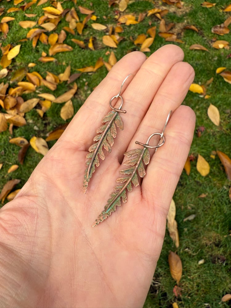 Image of Green Patina Copper Autumn Fern Dangle Earrings