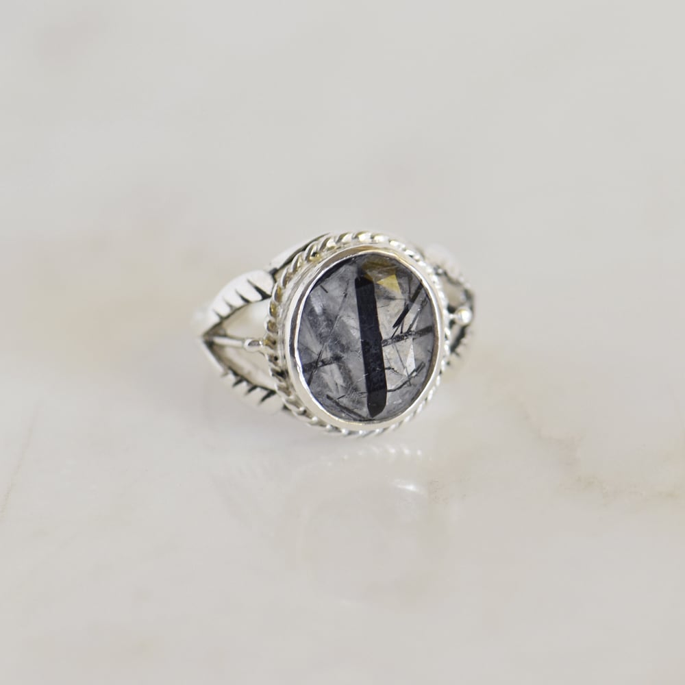 Image of Black Rutilated Quartz oval cut vintage style silver ring