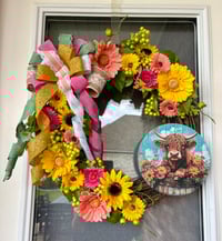 Image 1 of Highland cow Spring Floral Grapevine Wreath