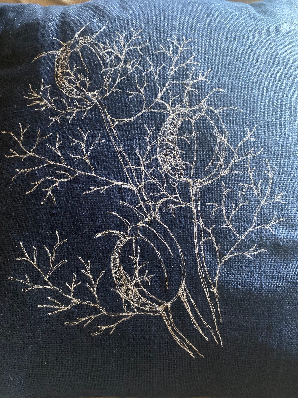 Image of Blue linen embroidered cushion